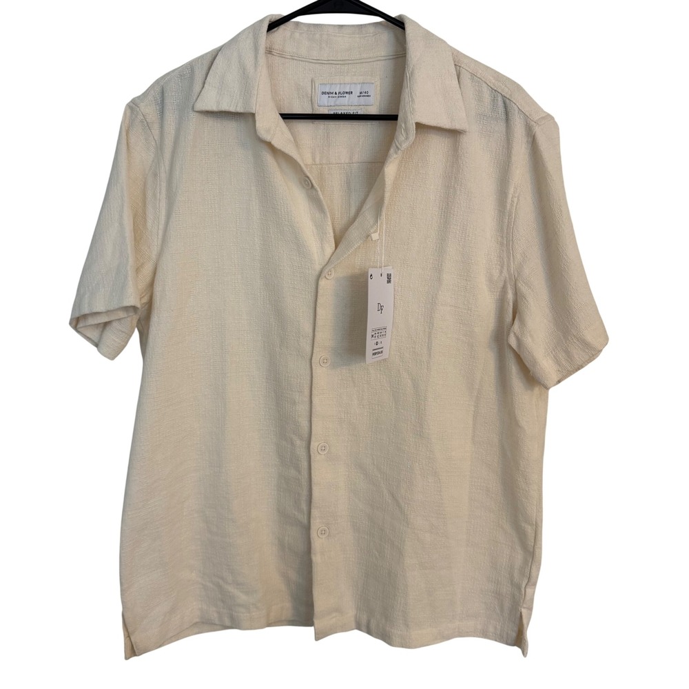 Denim & Flower Ricky Singh Mens Relaxed Fit Textured Short Sleeve Shirt Cream M